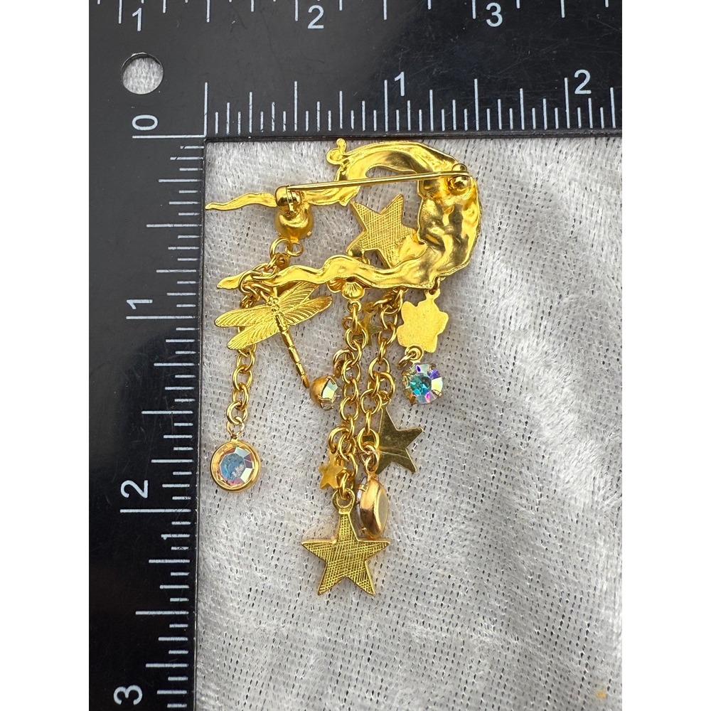 Vintage Celestial Brooch Moon Stars Dragonfly - Picture 4 of 5
